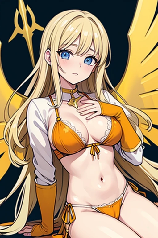 ((Best Quality)), ((Masterpiece)), (detailed), perfect faces, blonde hair, blue eyes, large breast, sexy, orange bra, orange lingerie, orange underwear, cum in pussy, breast milk, angel wings