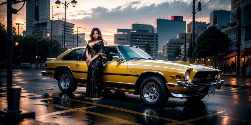 A charismatic woman standing next to a yellow car on a city street, fashion shoot 8k, 8k octan advertising photo, 4k fashion shoot, cover shot, promo shot, high - end fashion photoshoot, automotive photography, 4k post, 4 k post, portrait shot, 4 k editorial photograph, 7 0 mm. dramatic lighting, auto photography, photoshoot, (masterpiece), best quality, expressive eyes, perfect face