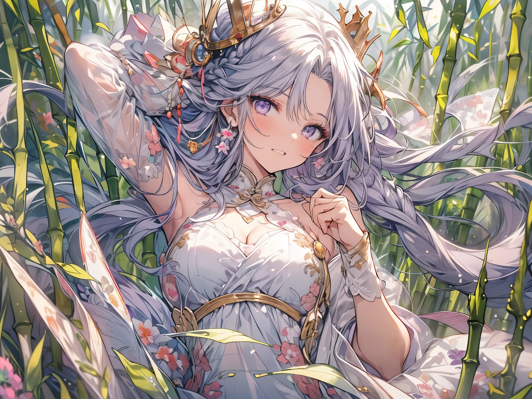 (overhead view), mature woman, 1girl, (masterpiece, best quality, ultra-detailed), sharp focus, detailed face, face focus, extremely detailed eyes, long hair, crown braid, hair over shoulder, (silvery-purple hair:1.3), purple eyes, long eyelashes, (drunk:1.2), delicate makeup, big breasts, ((pink and white intricate dress, bare shoulders, cleavage)), ((twilight, holding sake in one hand, bamboo shoots background, grass, green particles surrounds, breeze)), cinematic lighting, rim lightning, ray tracing, shadowing, dynamic angle