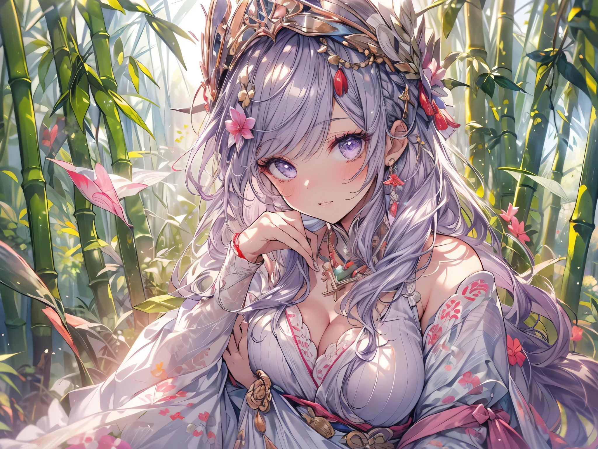 (overhead view), mature woman, 1girl, (masterpiece, best quality, ultra-detailed), sharp focus, detailed face, face focus, extremely detailed eyes, long hair, crown braid, hair over shoulder, (silvery-purple hair:1.3), purple eyes, long eyelashes, (drunk:1.2), delicate makeup, big breasts, ((pink and white intricate dress, bare shoulders, cleavage)), ((twilight, holding sake in one hand, bamboo shoots background, grass, green particles surrounds, breeze)), cinematic lighting, rim lightning, ray tracing, shadowing, dynamic angle
