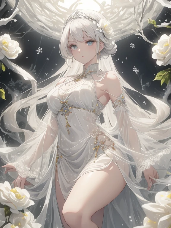 Paradise in Heaven, White lighting,(masutepiece), (Best Quality), (Cinematic), 8K, (art  stations), Li Yue painting style.(長いWhite hairとSilvery eyesを持つ1人の女), (Beautiful delicate face)、[ Particle Lou Full Moon] [Frozen trees々] [landscape crystal] [Lighting] [Ethereal Atmosphere]:1.1] [Fantasy, short story] [soft Lighting] [+Cinematic shot]:1.2 [+art  stations] [+luminous white background] [+soft Lighting] [soft glow] [Creative and dynamic angles]:1.3, [+Crystal Toning] 、masutepiece, ighly detailed, Ultra-detailed, Solo, (pale skin), Silvery eyes, White hair, (snowy background), (snowflake rosen flower:1.0), (shining crystal),, (Snowy ground), (White lashes), Female sexy、dreamy and detailed, Gorgeous setting, 妖しい雰囲気 masutepiece, The most beautiful scenes, An majestic、(((full of white flowers)))、quiet and serene atmosphere、A charming, all white tones,Inside the crystal library,Transparent flowers and falling snow，Many white roses are planted,(flowingwater,falls,water bloom),The decoration is also carefully done.,Dreamy（ighly detailedです，Creative Design，crisp and precise lines，K HD，best qualtiy，tmasterpiece，超hight resolution，4K）、Diverse poses、((beautiful white flower hair ornament))、Beautiful hairstyle、(Best Quality, 4K, 8K, hight resolution, masutepiece:1.2), Ultra-detailed, Detailed expression, Graceful posture, expressive brush strokes, mystic atmosphere, artistic interpretation,Delicate floral jewelry， (((Detailed design、Beautiful lace translucent dress、see-through small dress)))、(SFW:1.5), (Oversized breasts, best body proportions, proportions of large breasts,:1.5),(white decoration on thigh)、((beautiful decorations on the legs))。((beautiful decoration on the arm))