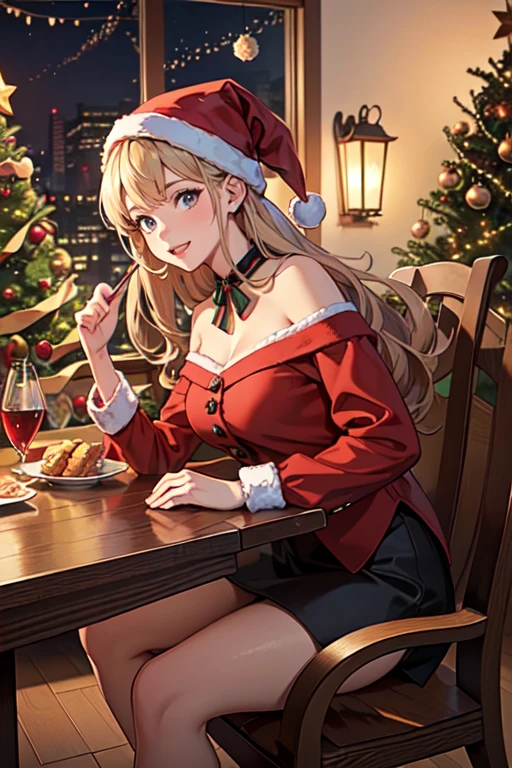 1 girl, game cg, Santa suit, shoulders visible, cleavage visible, belly button visible, Santa hat, gigantic breasts, blonde, middle hair, side ponytail, green eyes, eating food, party, indoors, night, Christmas,happy,