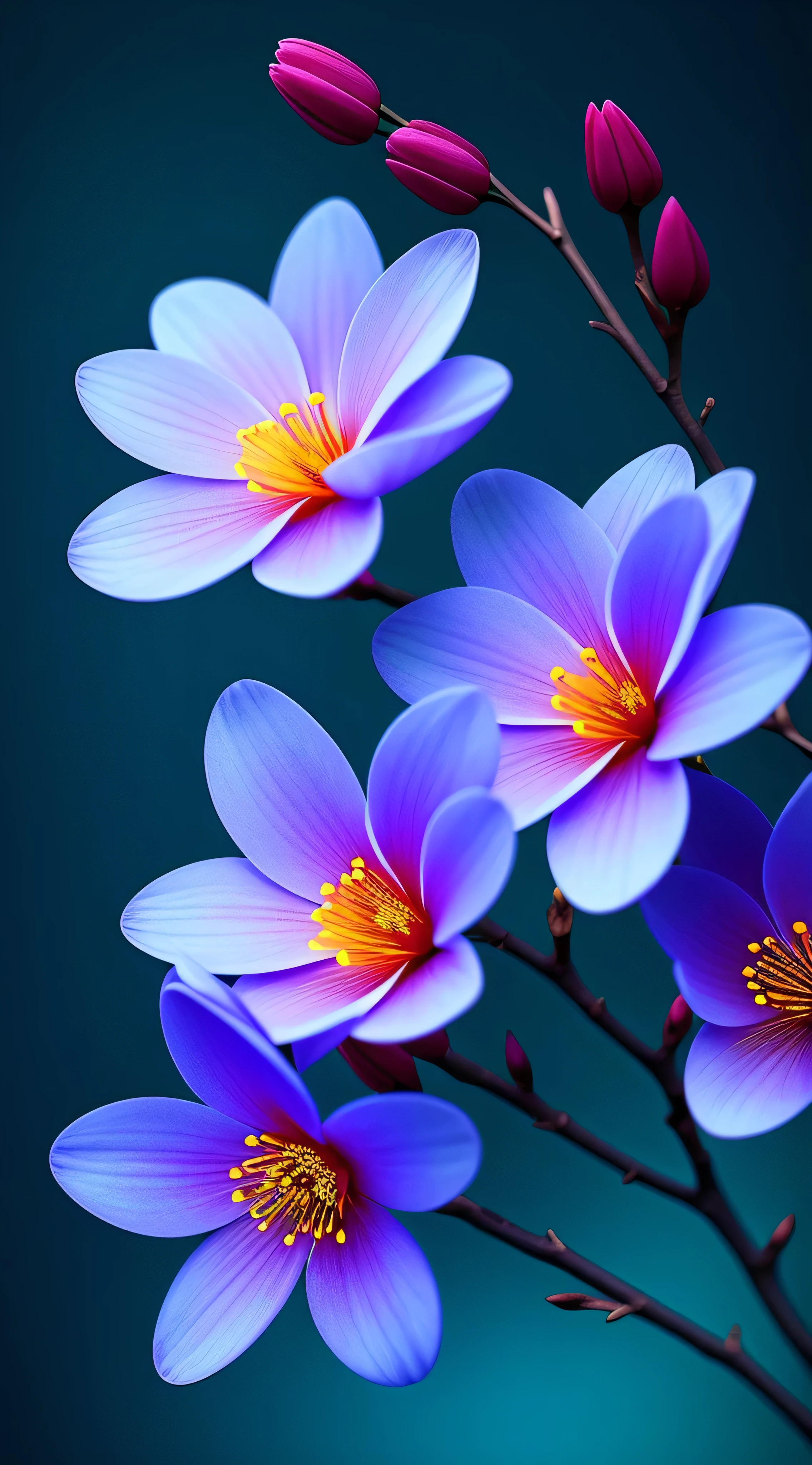 Close-up of a bouquet of flowers on a branch,paul barson,blue flower beautiful digital art beautiful digital art,flowers and blooms,Surreal waiizi flower beautiful flower low bloom,flowers with intricate details,Incredibly beautiful,beautiful art,Beautiful composition 3 - D 4 K,gorgeous digital art,Blue cherry blossoms
