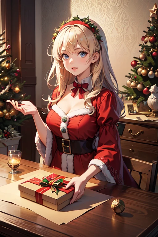 1girl, holding Christmas Gift on hand, (big Gift box), Excitement, table, intricate, (best quality, masterpiece, Representative work, official art, Professional, unity 8k wallpaper:1.3)