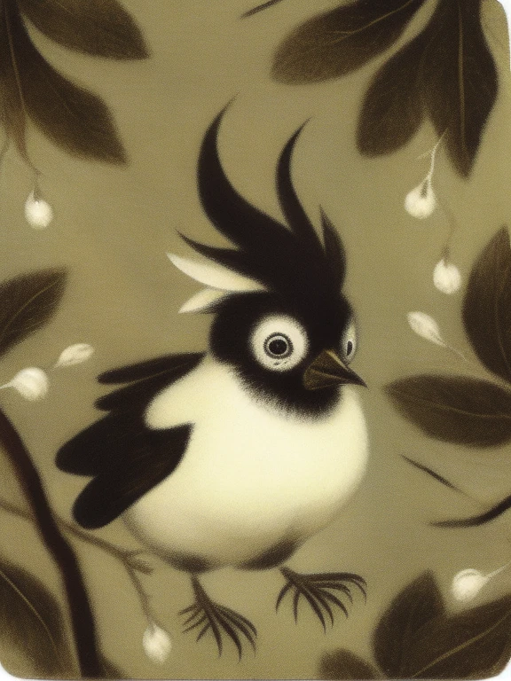 painting of a black and white bird with branches on its head