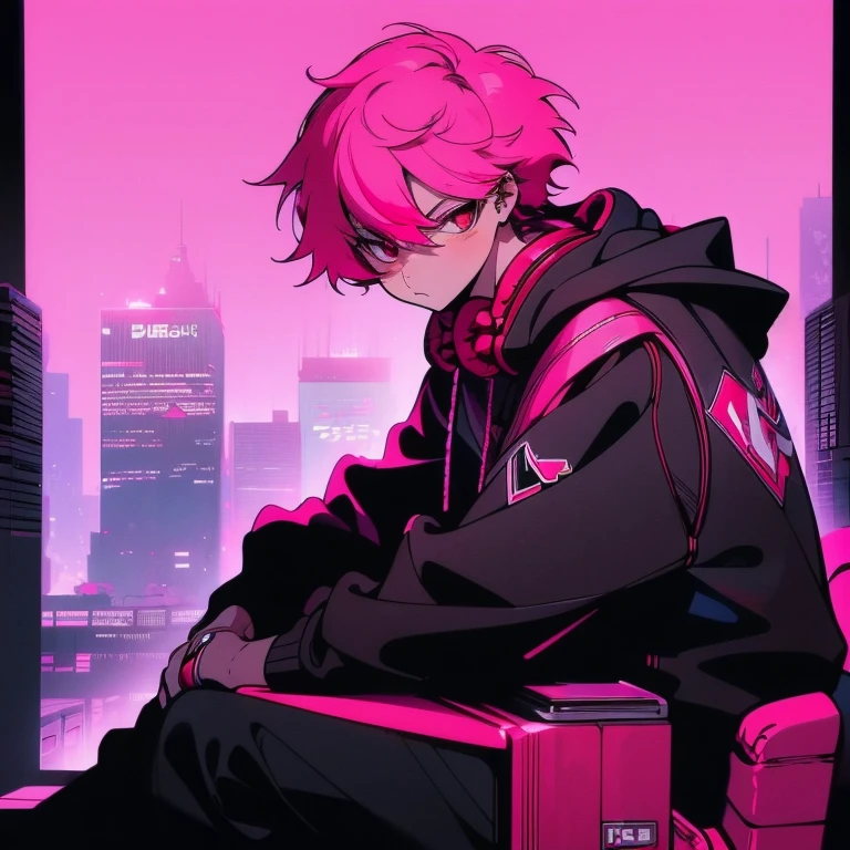 (short-cut), (Two-block hair), (vivid pink hair), (male character), (Red Eyes), (Cool pose), (of the highest quality), (masterpiece), (ultra-detailliert), (Oversized hoodies), (Street), (neons), (Camera from a down angle), (Modern City), (neonsデイライト), (Cinematic), (Stylish), (hight resolution), (Hyper Detailed), (Looking at the camera), (Anime-style), (Softtown), (nightcore), (a handsome man), (Listening to music through headphones), (natural appearance of the building), (casual), (ig studios anime style), (sit pose),