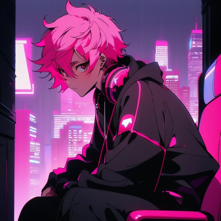 (short-cut), (Two-block hair), (vivid pink hair), (male character), (Red Eyes), (Cool pose), (of the highest quality), (masterpiece), (ultra-detailliert), (Oversized hoodies), (Street), (neons), (Camera from a down angle), (Modern City), (neonsデイライト), (Cinematic), (Stylish), (hight resolution), (Hyper Detailed), (Looking at the camera), (Anime-style), (Softtown), (nightcore), (a handsome man), (Listening to music through headphones), (natural appearance of the building), (casual), (ig studios anime style), (sit pose),