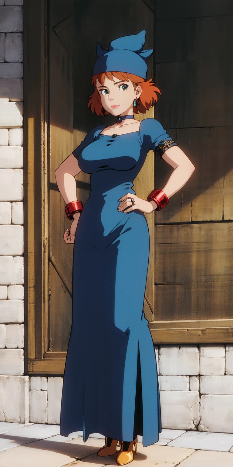 ghibli style, Nausicaa \(Nausicaa\), 1girl, 30 y.o., armlet, bangs, orange hair, Nausicaa outfit, breasts, earrings, floating hair, brown eyes, jewelry, looking at viewer, big breasts, parted bangs, shirt, medium hair,  solo, blue shirt , steampunk, ((masterpiece)), from below, looking at viewer, full body standing straight symmetrical, blue high heels, blue wizard hat, black choker, shackles, hands on hip