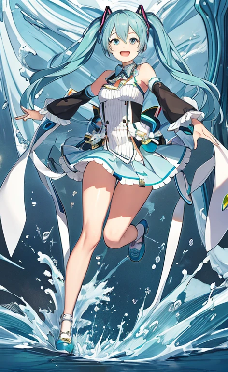 (Masterpiece), (Best Quality),(Miku),(frontier),(looking a viewer),1girl,Happy,Smile,small breasts,full - body, dynamicpose, Background
