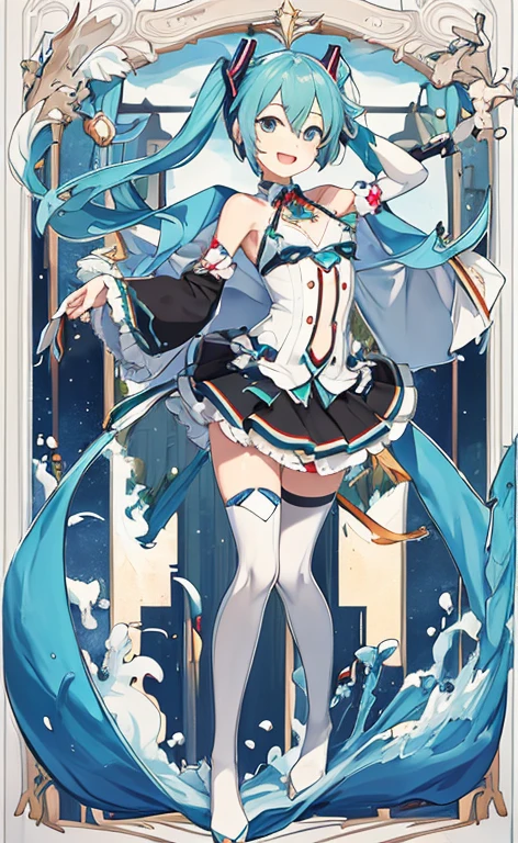 (Masterpiece), (Best Quality),(Miku),(frontier),(looking a viewer),1girl,Happy,Smile,small breasts,full - body, dynamicpose, Background