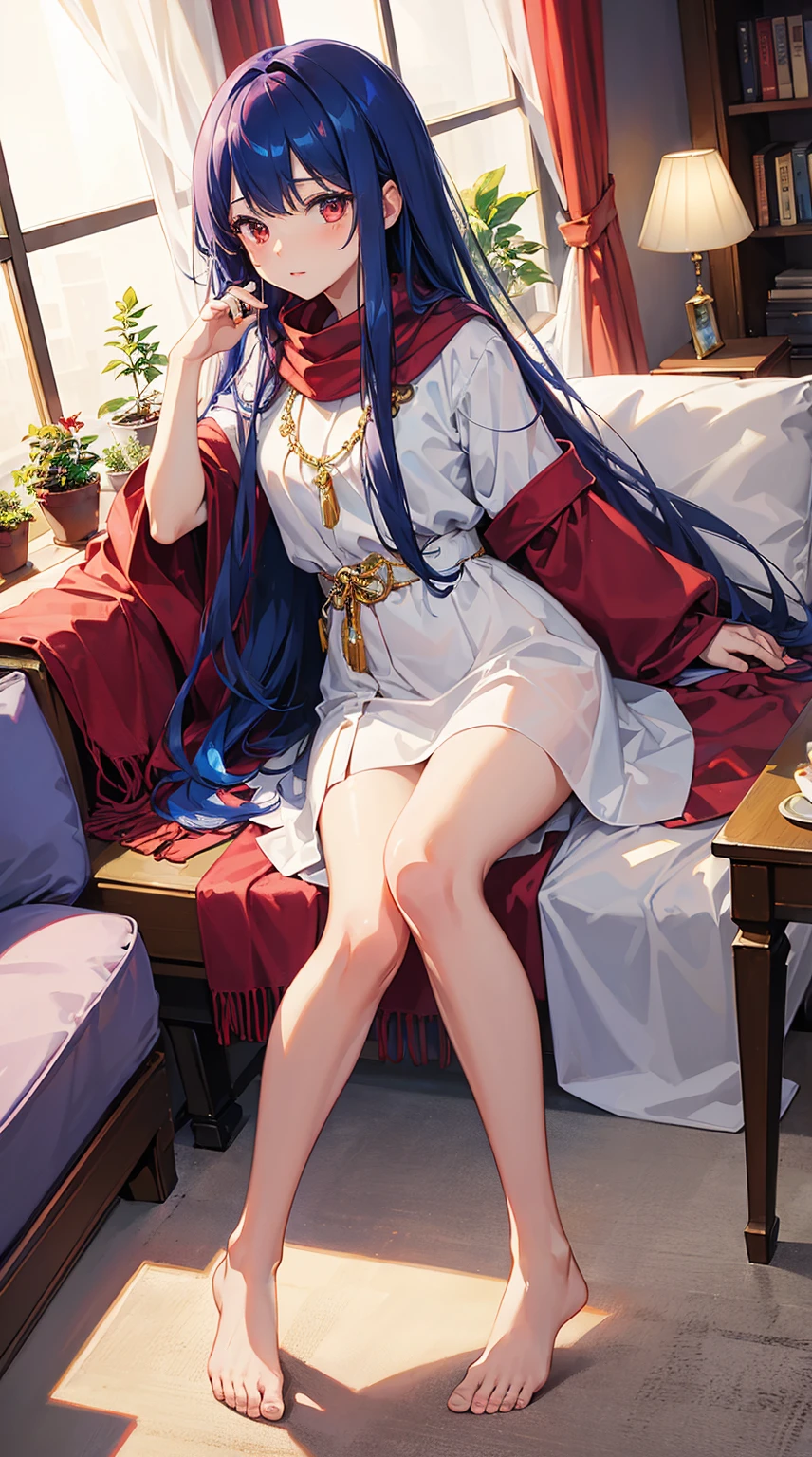 (Masterpiece, Best Quality: 1.2), (Highres: 1.1), (Highest Quality), (Master's Work), Facing Viewer, Dynamic Angle, Sky, Cloud, (1loli, Solo Focus: 1.4), Cute, Ornament, (Jewelry: 0.75), (Blush: 0.9), (Strap: 0 .9), barefoot, living room, sofa, window, curtains, dappled sunlight, potted plants, table, cabinet, bookcase, lamp, ahoge, (shawl, long hair, ruby colored hair, blue inner hair, shiny hair, shiny skin: 1.1),