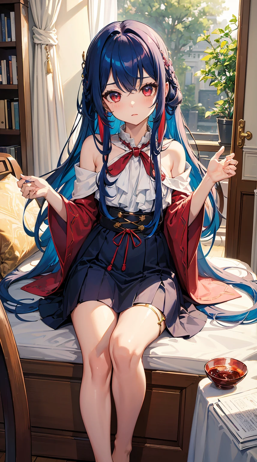 (Masterpiece, Best Quality: 1.2), (Highres: 1.1), (Highest Quality), (Master's Work), Facing Viewer, Dynamic Angle, Sky, Cloud, (1loli, Solo Focus: 1.4), Cute, Ornament, (Jewelry: 0.75), (Blush: 0.9), (Strap: 0 .9), barefoot, living room, sofa, window, curtains, dappled sunlight, potted plants, table, cabinet, bookcase, lamp, ahoge, (shawl, long hair, ruby colored hair, blue inner hair, shiny hair, shiny skin: 1.1),