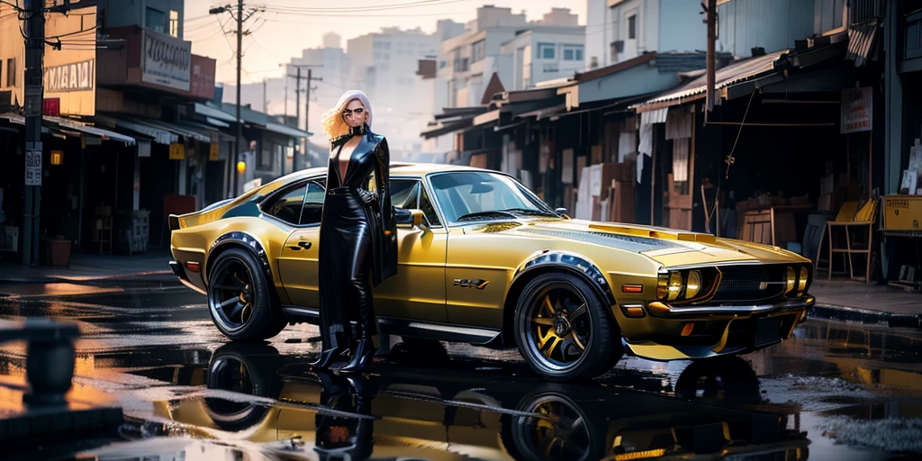 A charismatic woman standing next to a yellow car on a city street, fashion shoot 8k, 8k octan advertising photo, 4k fashion shoot, cover shot, promo shot, high - end fashion photoshoot, automotive photography, 4k post, 4 k post, portrait shot, 4 k editorial photograph, 7 0 mm. dramatic lighting, auto photography, photoshoot, (masterpiece), best quality, expressive eyes, perfect face