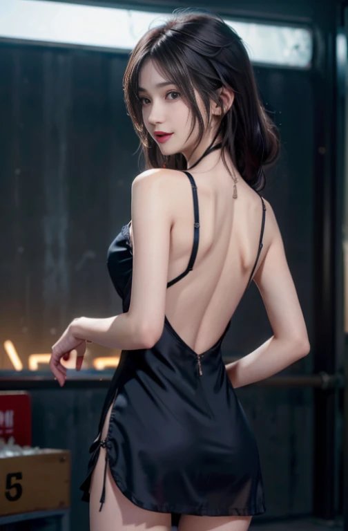 8K, masutepiece, Raw photo, Best Quality, detail:1.2),Photorealistic, Extremely detailed CG unified 8K wallpapers, depth of fields, Cinematic Light, Lens Flare, Ray tracing, (Extremely beautiful face, Beautiful lips, Beautiful eyes), intricate detail face, ((ultra detailed skin)) 1girl in, In the Dark, deepshadow, Pretty Korean girl, Kpop Idol,(Very slim and slender muscular body:1.3), ((view the viewer)),(Big smile), (bodycon minidress),(Pink dress), (Panties exposed), (Injection sleeve) , (City Night, (Neon Light Sign), (Night), Pretty Korean girl, earrings, bangle, Necklace, pantyhose, Clear eyes, Walking , (pale skin), Face forward, (Big eyes), ((Upper body shot decon mini dress, Silk Mini Dress ,Panties exposed， turn back, Back shot, Very slim, slander