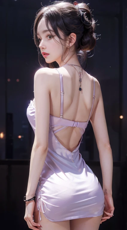 8K, masutepiece, Raw photo, Best Quality, detail:1.2),Photorealistic, Extremely detailed CG unified 8K wallpapers, depth of fields, Cinematic Light, Lens Flare, Ray tracing, (Extremely beautiful face, Beautiful lips, Beautiful eyes), intricate detail face, ((ultra detailed skin)) 1girl in, In the Dark, deepshadow, Pretty Korean girl, Kpop Idol,(Very slim and slender muscular body:1.3), ((view the viewer)),(Big smile), (bodycon minidress),(Pink dress), (Panties exposed), (Injection sleeve) , (City Night, (Neon Light Sign), (Night), Pretty Korean girl, earrings, bangle, Necklace, pantyhose, Clear eyes, Walking , (pale skin), Face forward, (Big eyes), ((Upper body shot decon mini dress, Silk Mini Dress ,Panties exposed, turn back, Back shot, Very slim, slander