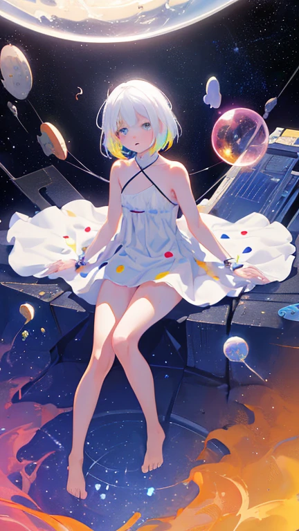 (tmasterpiece, beste-Qualit: 1.2), (ultradetail), (illustartion), wallpapers, Original,
1 girl, dirty white hair, thin strap, whitedress, naked legs, bare feet, bare arms, outer space, Earth Background, low-Earth orbit, body complet,
, (surrounded by colorful splashes and dots), colorful bubble, (shining)