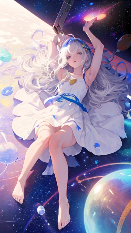 (tmasterpiece, beste-Qualit: 1.2), (ultradetail), (illustartion), wallpapers, Original,
1 girl, dirty white hair, thin strap, whitedress, naked legs, bare feet, bare arms, outer space, Earth Background, low-Earth orbit, body complet,
, (surrounded by colorful splashes and dots), colorful bubble, (shining)