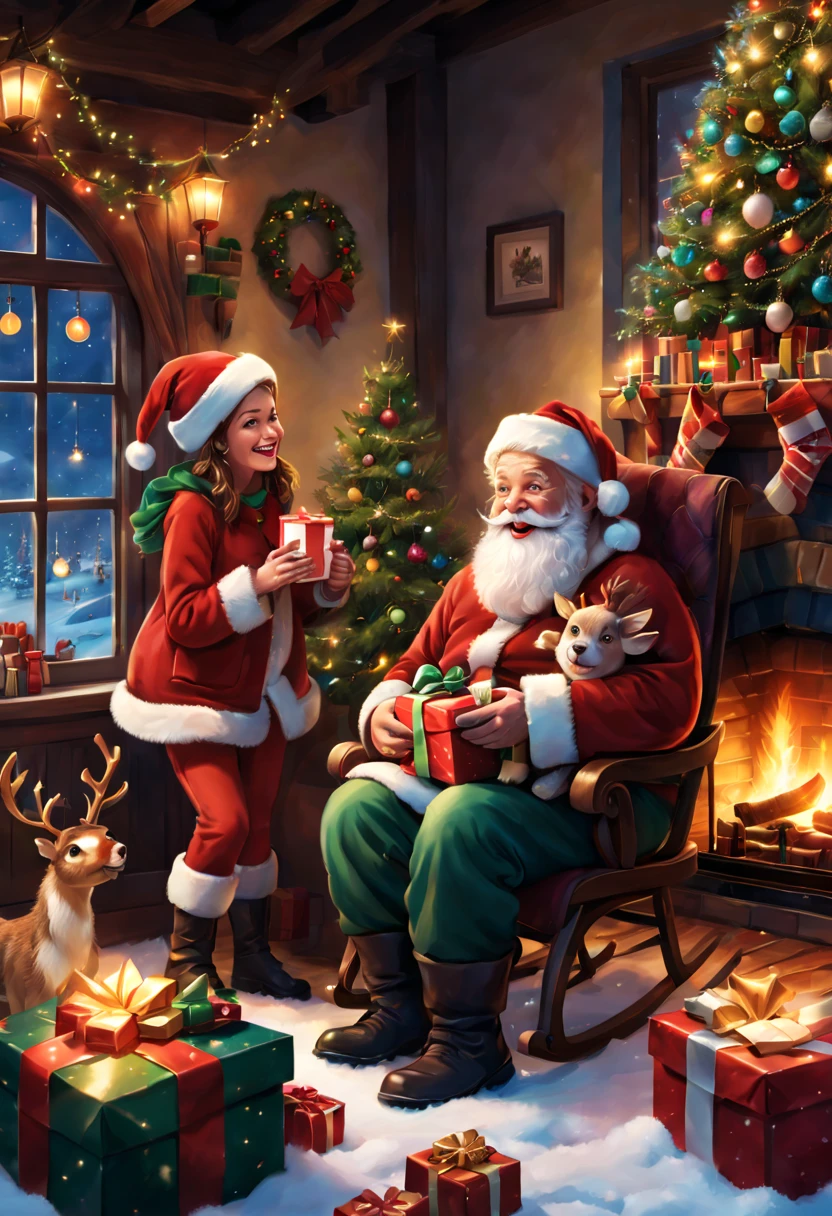 (best quality, 4k, highres, masterpiece:1.2), realistic, vibrant colors, Christmas-themed Illustration and design, detailed winter landscape, cozy fireplace, glowing Christmas tree, cheerful friends and family gathering, glittering snowflakes, wrapped presents, magical atmosphere, joyful celebration, festive decorations, holiday spirit, warm and inviting ambiance, nostalgic moments, lively and joyful characters, playful pets, sparkling lights, cozy sweaters, Santa Claus and his reindeer, children's excitement, magical surprises, wishful dreams, snow-covered rooftops, charming village scenes, snowball fights,  skating, sleigh rides, cuddly snowmen, hot cocoa and marshmallows, mistletoe, caroling, crackling fireplaces, holiday traditions, laughter and smiles, love and togetherness, giving and sharing, merry and bright atmosphere, happiness and warmth, cheerful greetings, festive cheer, joyous memories.