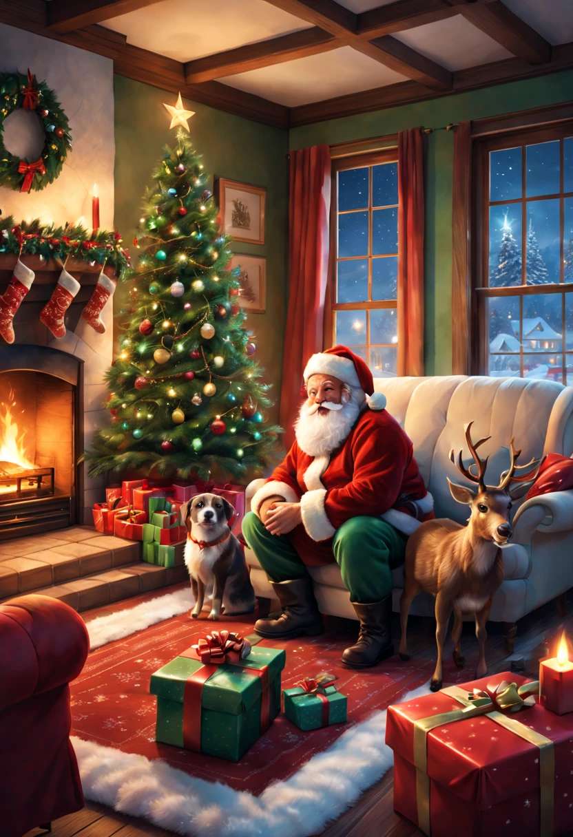 (best quality, 4k, highres, masterpiece:1.2), realistic, vibrant colors, Christmas-themed Illustration and design, detailed winter landscape, cozy fireplace, glowing Christmas tree, cheerful friends and family gathering, glittering snowflakes, wrapped presents, magical atmosphere, joyful celebration, festive decorations, holiday spirit, warm and inviting ambiance, nostalgic moments, lively and joyful characters, playful pets, sparkling lights, cozy sweaters, Santa Claus and his reindeer, children's excitement, magical surprises, wishful dreams, snow-covered rooftops, charming village scenes, snowball fights, skating, sleigh rides, cuddly snowmen, hot cocoa and marshmallows, mistletoe, caroling, crackling fireplaces, holiday traditions, laughter and smiles, love and togetherness, giving and sharing, merry and bright atmosphere, happiness and warmth, cheerful greetings, festive cheer, joyous memories.