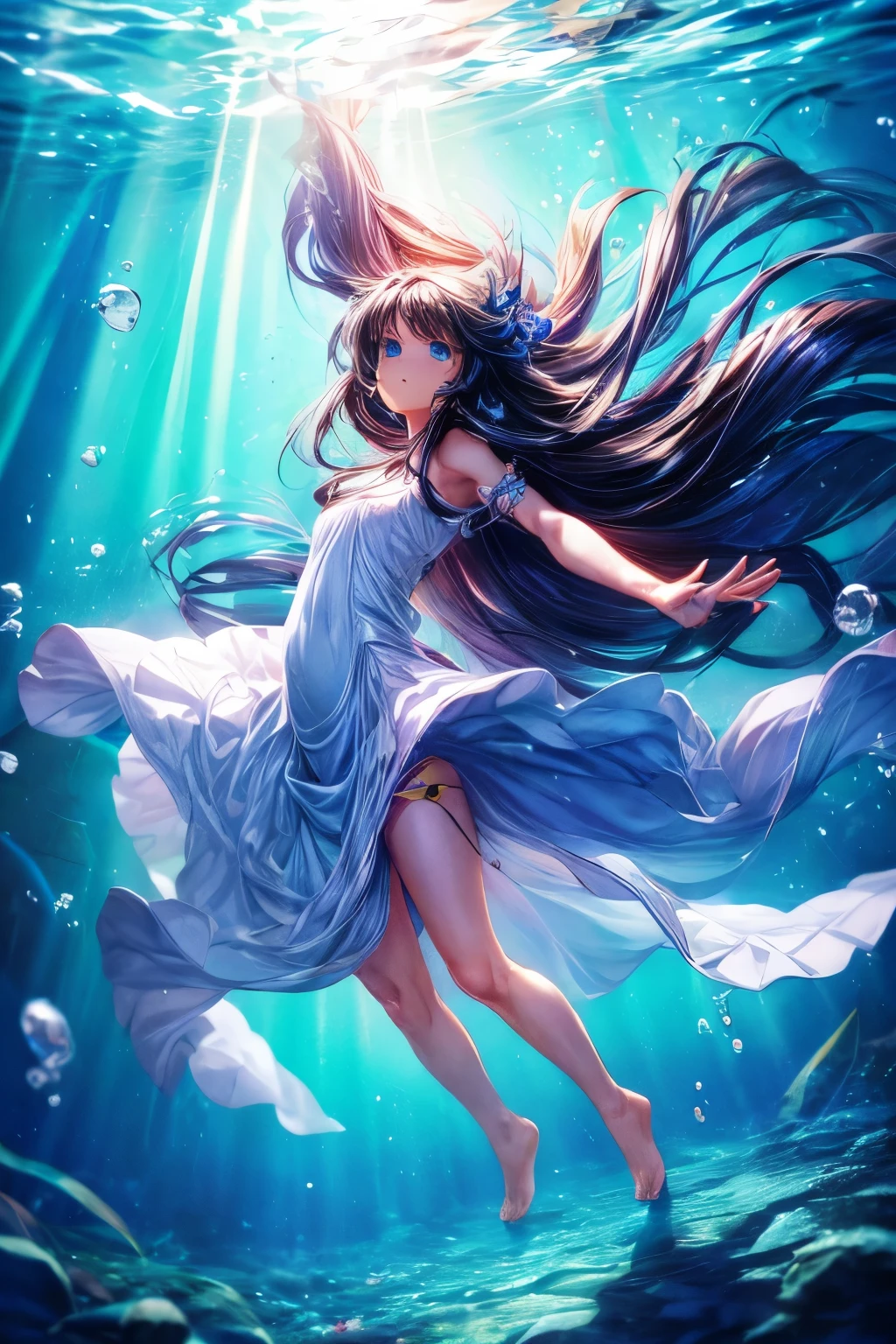 wide shot, (solo:1.3), dramatic angle, (underwater:1.2), masterpiece, best quality, intricate detail, 1girl, swimming, loli, (long hair:1.2), solo, expressionless, blue eyes, looking_up, shoulder strap dress, floating hair, floating clothes, god rays, bubble, barefoot, (full body:1.2), outstretched arm, , perfect hands,