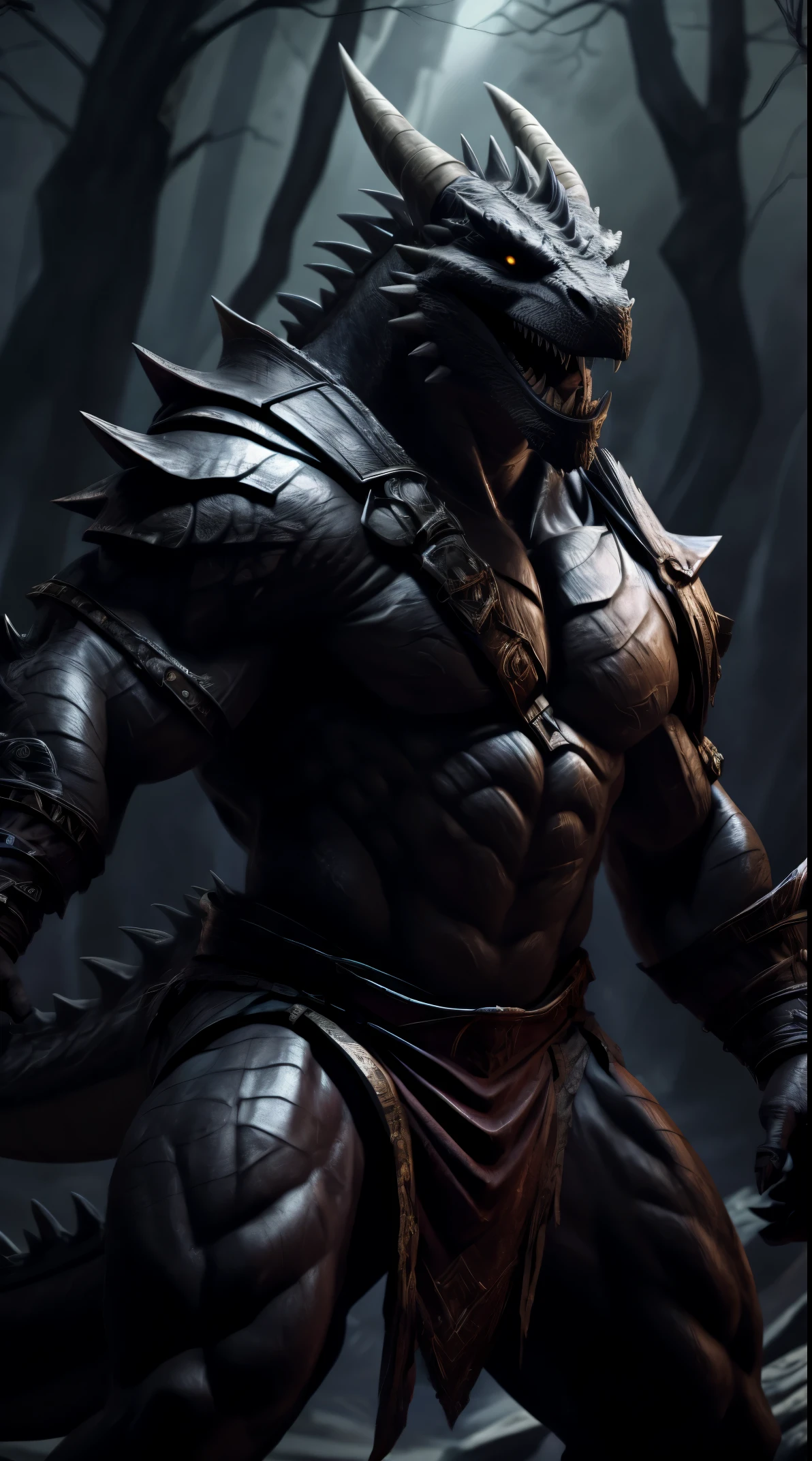 dragon man, ready to fight, barbarian armor, loincloth, black body, open mouth, dark forest background, threatening, stands menacingly, full body, raptor like legs, proporcional muscular arms, big reptile tail muscular, illustration, (best quality, 4k, highres, masterpiece:1.2), ultra-detailed, realistic, horror, sharp focus, vivid colors, nighttime lighting