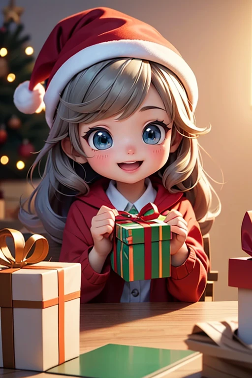 1girl, Raise Christmas Gift, (big Gift box), cute, happiness, Excitement, table, chibi, intricate, (best quality, masterpiece, Representative work, official art, Professional, unity 8k wallpaper:1.3)