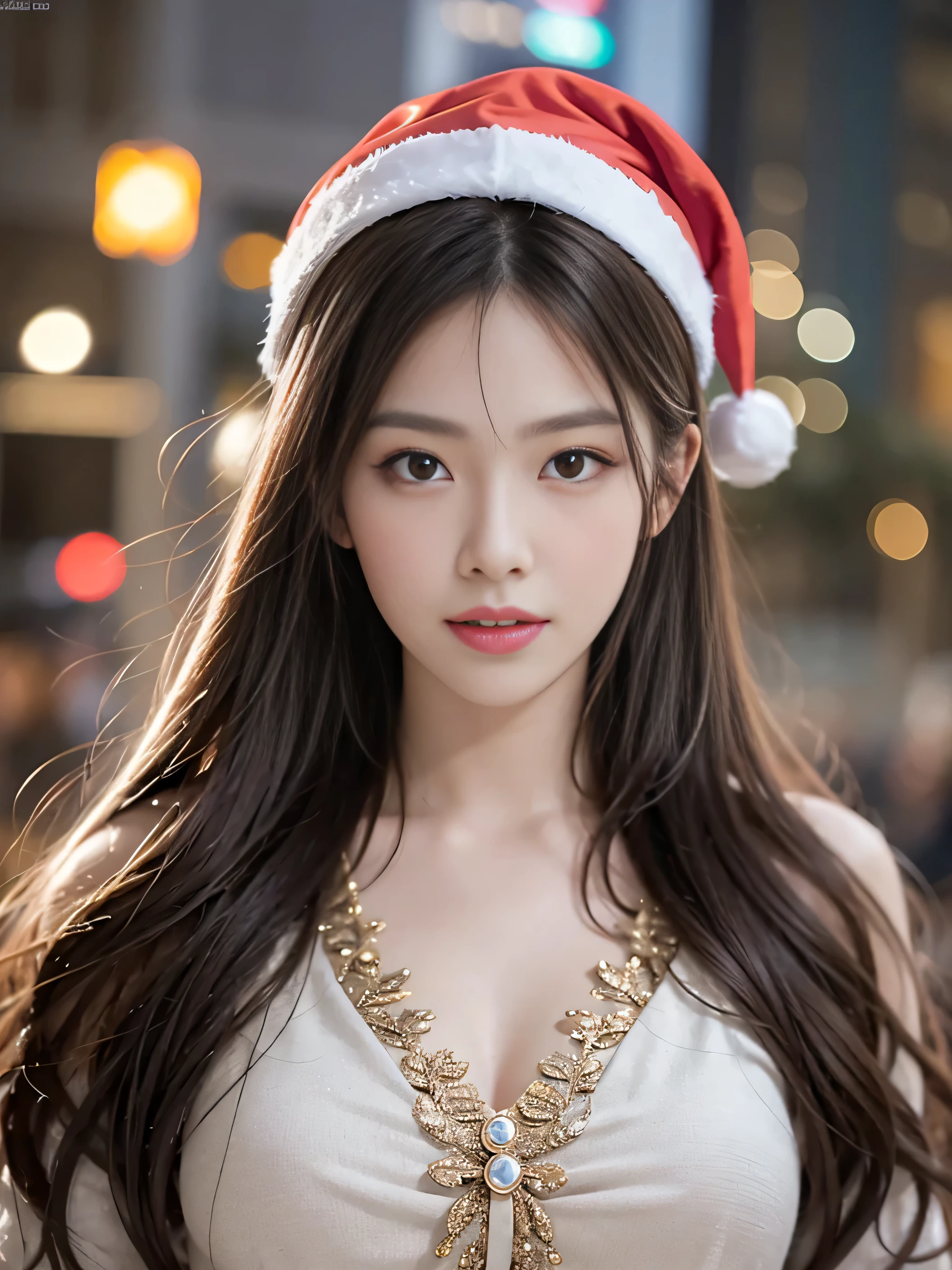 1 beautiful young girl, Super beautiful detailed face, shyly smile, (Slender body:1.2), (Dress up as Santa Claus:1.3), dark brown hair, Semi-long hair, (Fine face:1.2), conceptual art, High quality, Realistic, extremely detailed CG unified 8k wallpaper, Highly detailed, High-definition raw color photos, Professional Photography, Realistic portrait, Cinematic Light, Beautiful detailed, Super Detail, high detail orchestra))), depth of fields, illumination, Neon Street, Super stylish lighting, (Beautiful small breasts:1.2, Beautiful little hips:1.2)