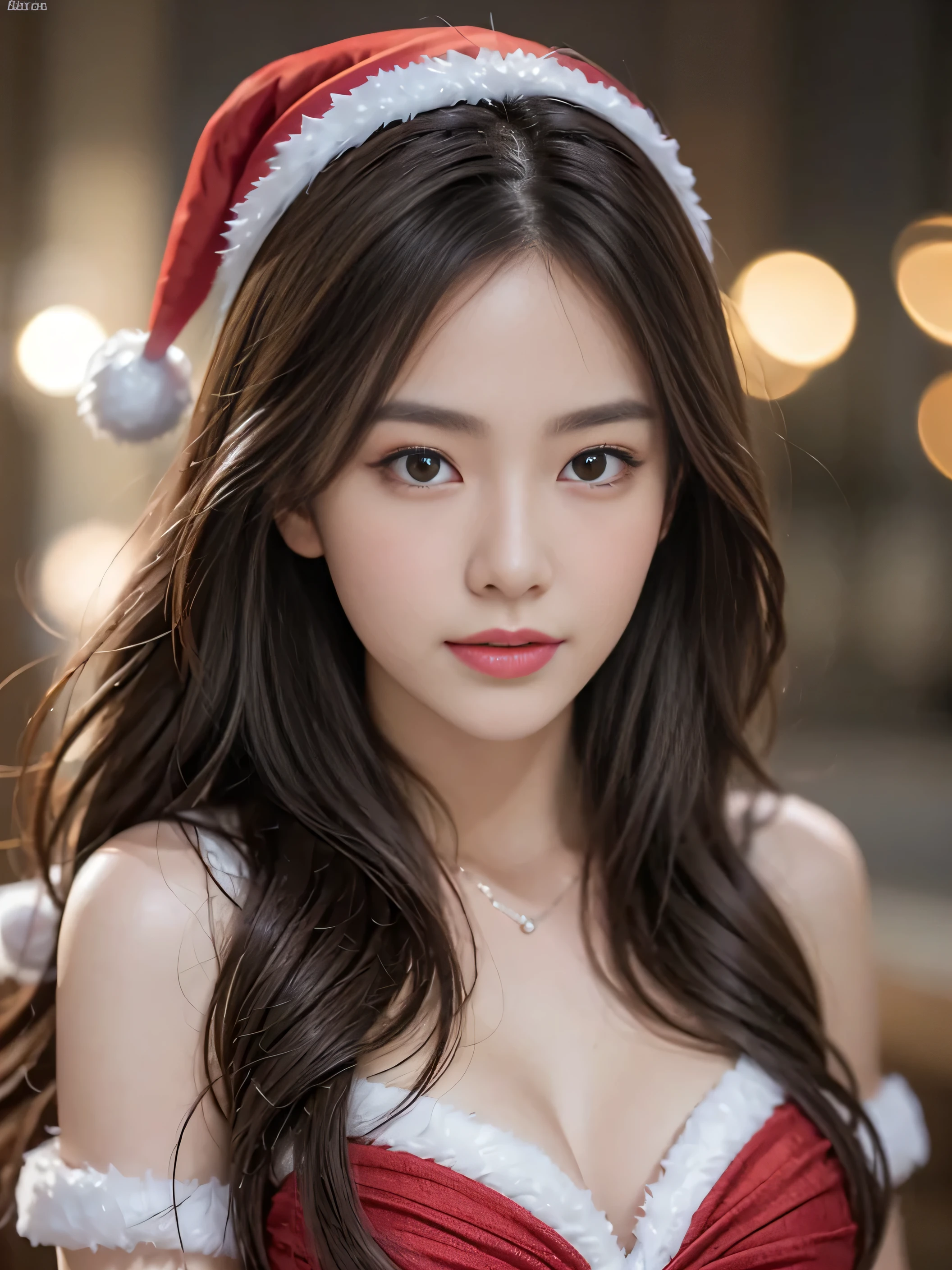 1 beautiful young girl, Super beautiful detailed face, shyly smile, (Slender body:1.2), (Dress up as Santa Claus:1.3), dark brown hair, Semi-long hair, (Fine face:1.2), conceptual art, High quality, Realistic, extremely detailed CG unified 8k wallpaper, Highly detailed, High-definition raw color photos, Professional Photography, Realistic portrait, Cinematic Light, Beautiful detailed, Super Detail, high detail orchestra))), depth of fields, illumination, Neon Street, Super stylish lighting, (Beautiful small breasts:1.2, Beautiful little hips:1.2)