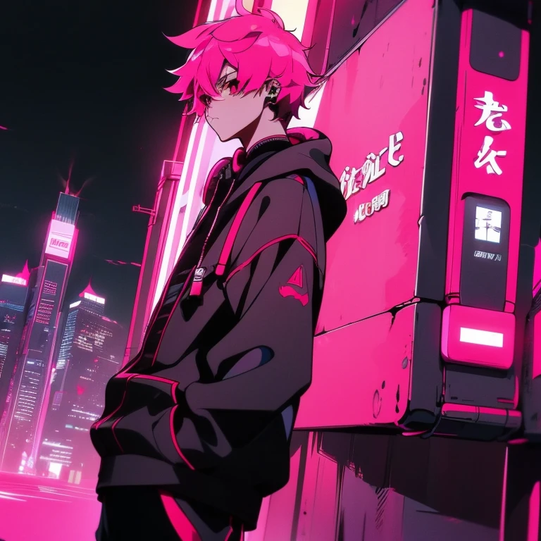 (short-cut), (Two-block hair), (vivid pink hair), (male character), (Red Eyes), (Cool pose), (of the highest quality), (masterpiece), (ultra-detailliert), (Oversized hoodies), (Street), (neons), (Camera from a down angle), (Modern City), (neonsデイライト), (Cinematic), (Stylish), (hight resolution), (Hyper Detailed), (Looking at the camera), (Anime-style), (Softtown), (nightcore), (a handsome man), (Listening to music through headphones), (natural appearance of the building), (casual), (ig studios anime style), (Standing Pose),