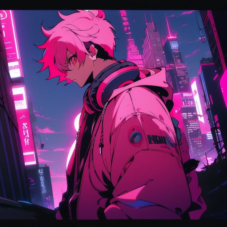 (short-cut), (Two-block hair), (vivid pink hair), (male character), (Red Eyes), (Cool pose), (of the highest quality), (masterpiece), (ultra-detailliert), (Oversized hoodies), (Street), (neons), (Camera from a down angle), (Modern City), (neonsデイライト), (Cinematic), (Stylish), (hight resolution), (Hyper Detailed), (Looking at the camera), (Anime-style), (Softtown), (nightcore), (a handsome man), (Listening to music through headphones), (natural appearance of the building), (casual), (ig studios anime style), (Standing Pose),