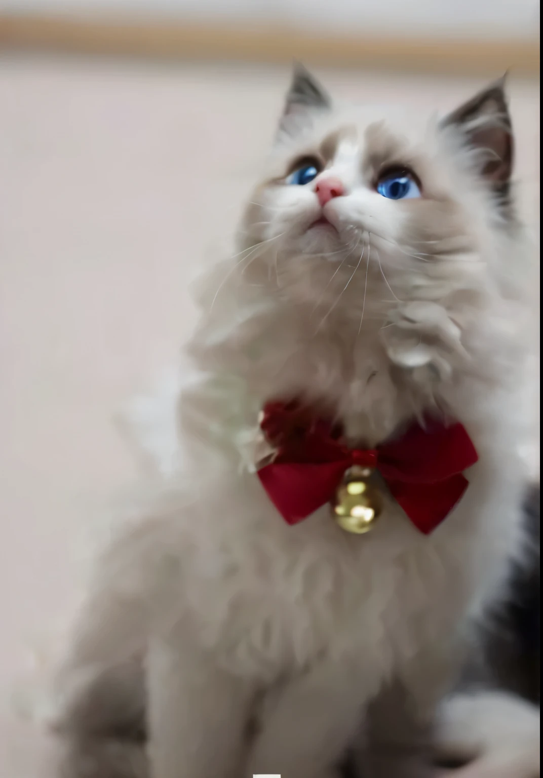 a ragdoll, with a red bow around neck,blue eyes,a kitten,a brown tail, background has Christmas atmosphere,the fur color is white,the fur around eyes is brown,the fur around mouth is white, the color of nose is pink