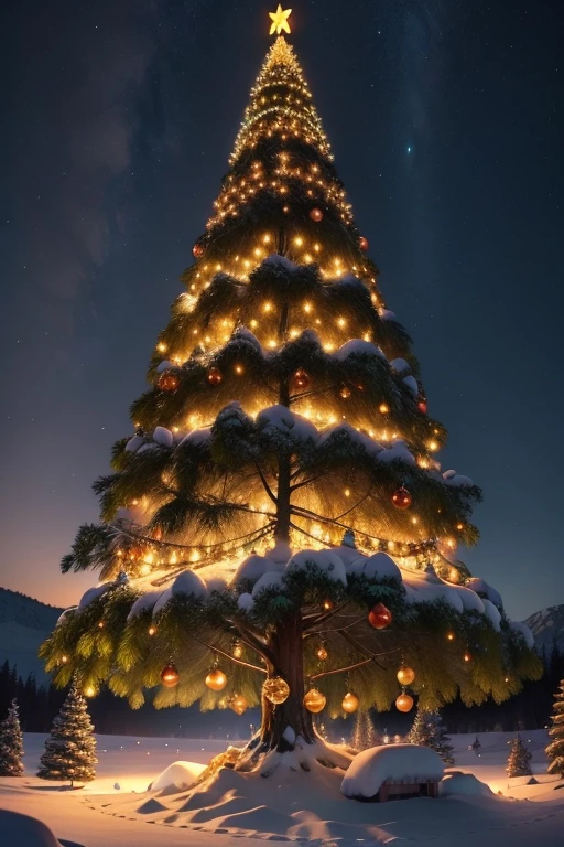 A giant Christmas tree over 15 meters high,Lighting atmosphere,There are gifts under the tree,There are decorations on the tree,warmth,downy,Little elk,nevando