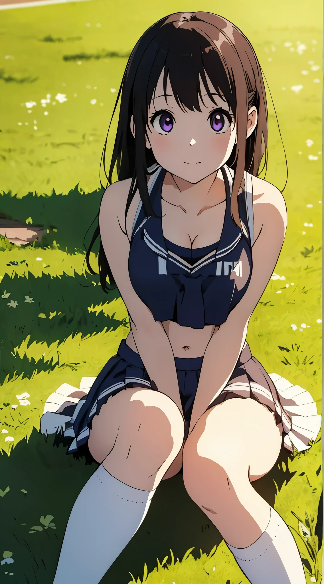 masterpiece, best quality, illustration, highly detailed, chitanda_eru, beautiful detailed eyes, cheerleader, cleavage, midriff, sitting, grass, (knees bent)