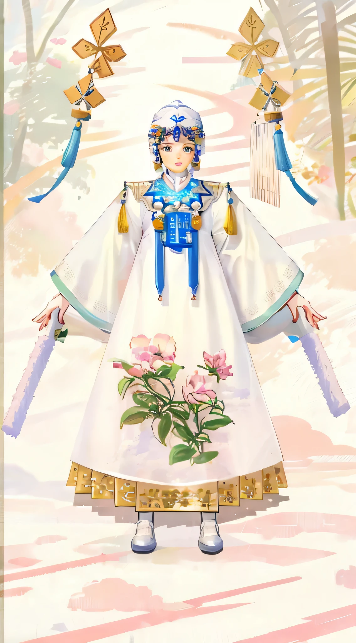 clean backdrop，girl wearing cloud shoulder hanfu，The color combination is reasonable，design sense
