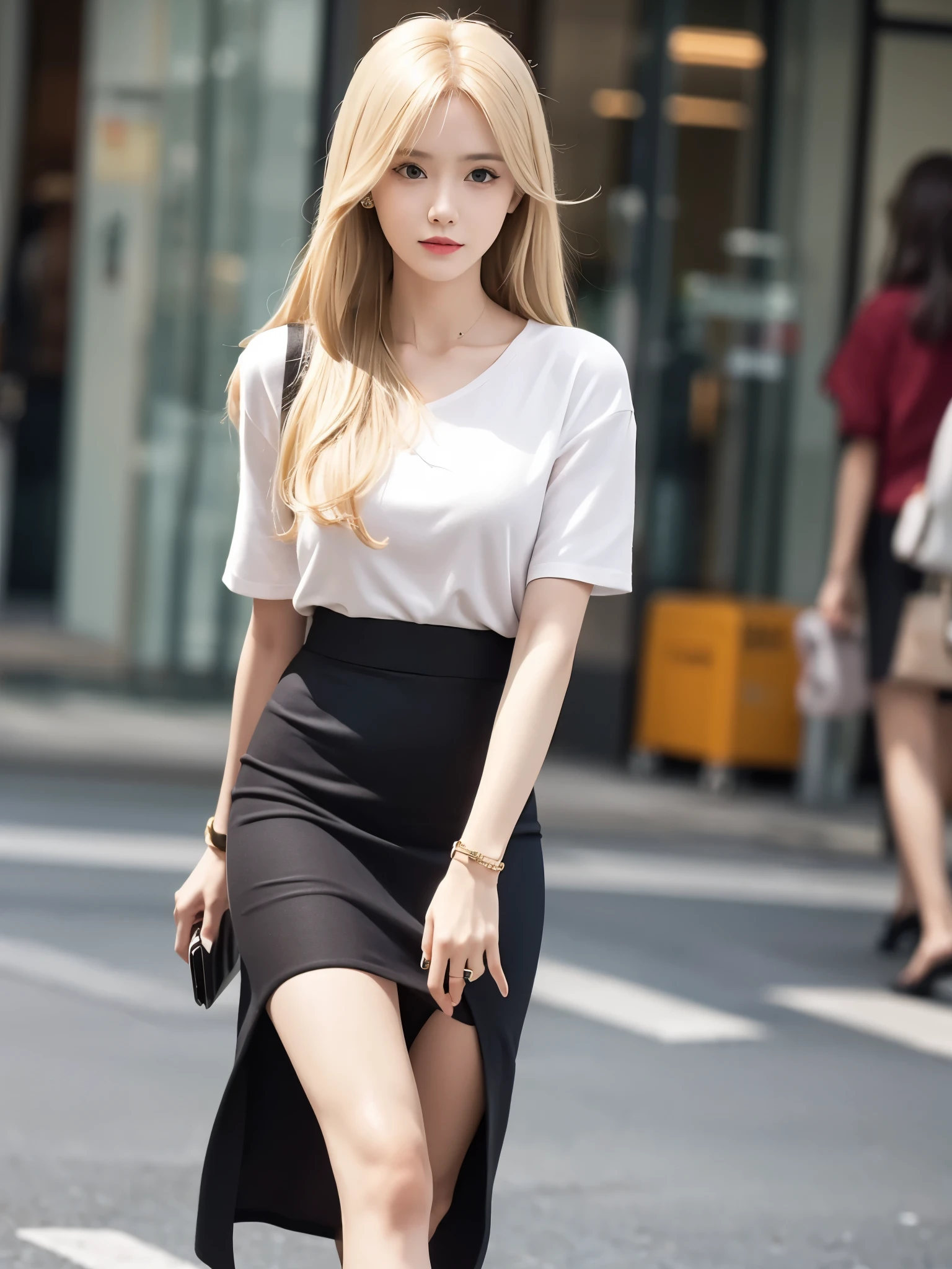 beautiful beauty, 3D 2D, Rich, blond hairbl, a skirt, stocklings, high-heels, venomize