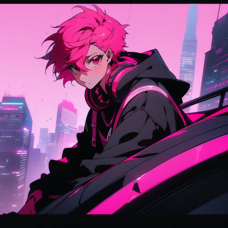 (short-cut), (Two-block hair), (vivid pink hair), (male character), (Red Eyes), (Cool pose), (of the highest quality), (masterpiece), (ultra-detailliert), (Oversized hoodies), (Street), (neons), (Camera from a down angle), (Modern City), (neonsデイライト), (Cinematic), (Stylish), (hight resolution), (Hyper Detailed), (Looking at the camera), (Anime-style), (Softtown), (nightcore), (a handsome man), (Listening to music through headphones), (natural appearance of the building), (casual), (ig studios anime style), (driving pose),