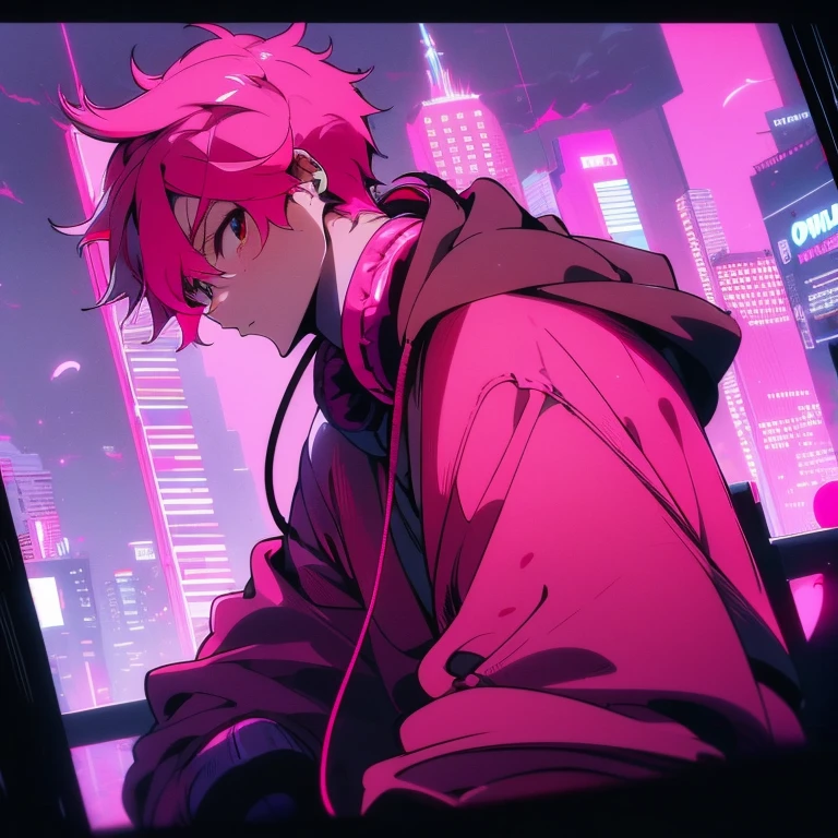 (short-cut), (Two-block hair), (vivid pink hair), (male character), (Red Eyes), (Cool pose), (of the highest quality), (masterpiece), (ultra-detailliert), (Oversized hoodies), (Street), (neons), (Camera from a down angle), (Modern City), (neonsデイライト), (Cinematic), (Stylish), (hight resolution), (Hyper Detailed), (Looking at the camera), (Anime-style), (Softtown), (nightcore), (a handsome man), (Listening to music through headphones), (natural appearance of the building), (casual), (ig studios anime style), (driving pose),