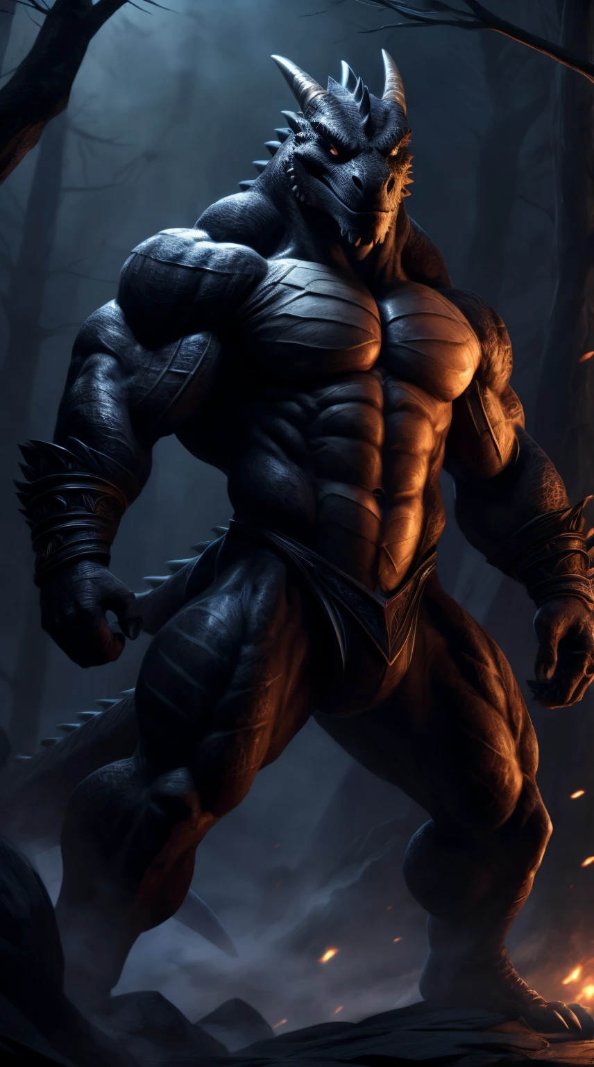 dragon man, ready to fight, black body, full body, dark forest background, threatening, stands menacingly, full body, raptor like legs, proporcional muscular arms, big reptile tail muscular,l arge chest, gargantuan biceps, night, , giant muscles, titanic abs, beautiful and detailed portrait ((male))), ((solo)), illustration, (best quality, 4k, highres, masterpiece:1.2), ultra-detailed, realistic, horror, sharp focus, vivid colors, nighttime lighting, standing, open legs