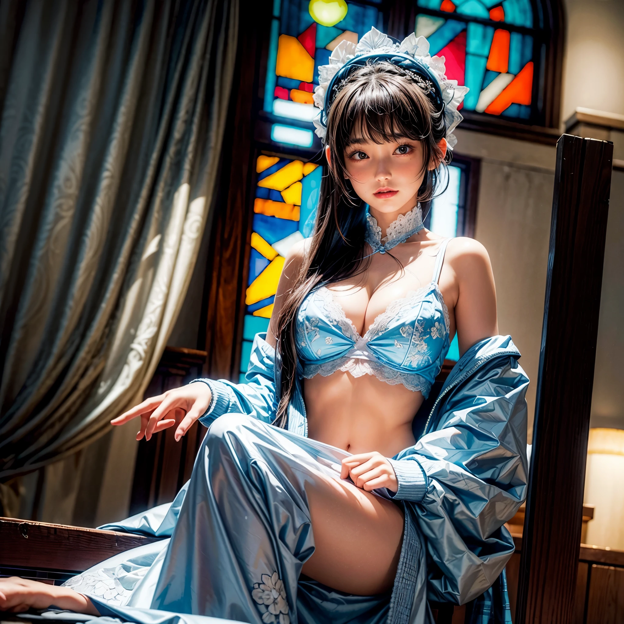 (SFW, White masterpiece:1.2, :1.2), (:-0.9), (Sharpness:0.8), (Multiple photos of idols,Super detailed KAWAII facial changes, happy expression changes)), { navel | Still quite big | Oversized lace knitted white coat) | flowers blooming,Cover the girl'body | (Colorful light shines from dazzling and delicate stained glass:1.2) }. ( ultra - detailed, actual, (photoactual:1.37) with a bit of originality). { Charming backlight | concept-art | Improve overall visual impact }. (undetailed fingers:-0.9) .