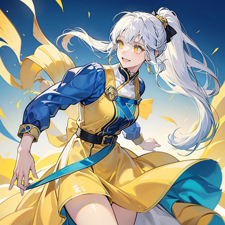 A girl with white hair and a ponytail wearing a yellow and blue pants dress,Invincible smile,Confident,Eyes are yellow,Shining yellow eyes,blue lines on yellow dress,battle garments,a cool,Blue belt,sleeves are blue