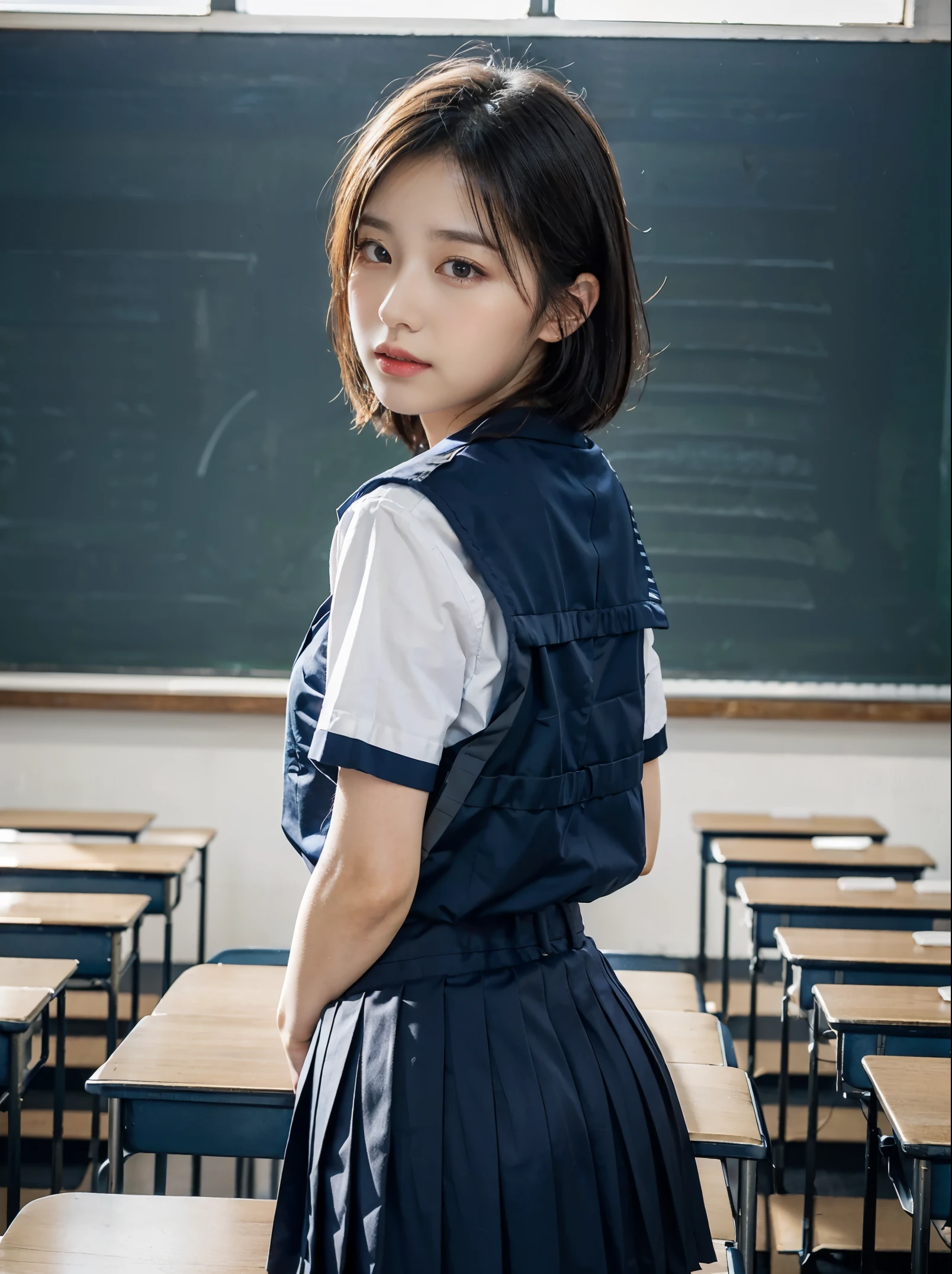 Silver Shortbob Hair：1.8, Beautiful women, Sideface、(Short Sleeve White Sailor School Uniform、Navy blue pleated skirt：1.5), Lift your butt：1.5，bare hands：1.5， extremely sexy, ultimate picture quality, (school classroom:1.5), bright light、cute face beautiful ass:1.2, constricted waist、Beautiful figure、 form、beautiful skin,