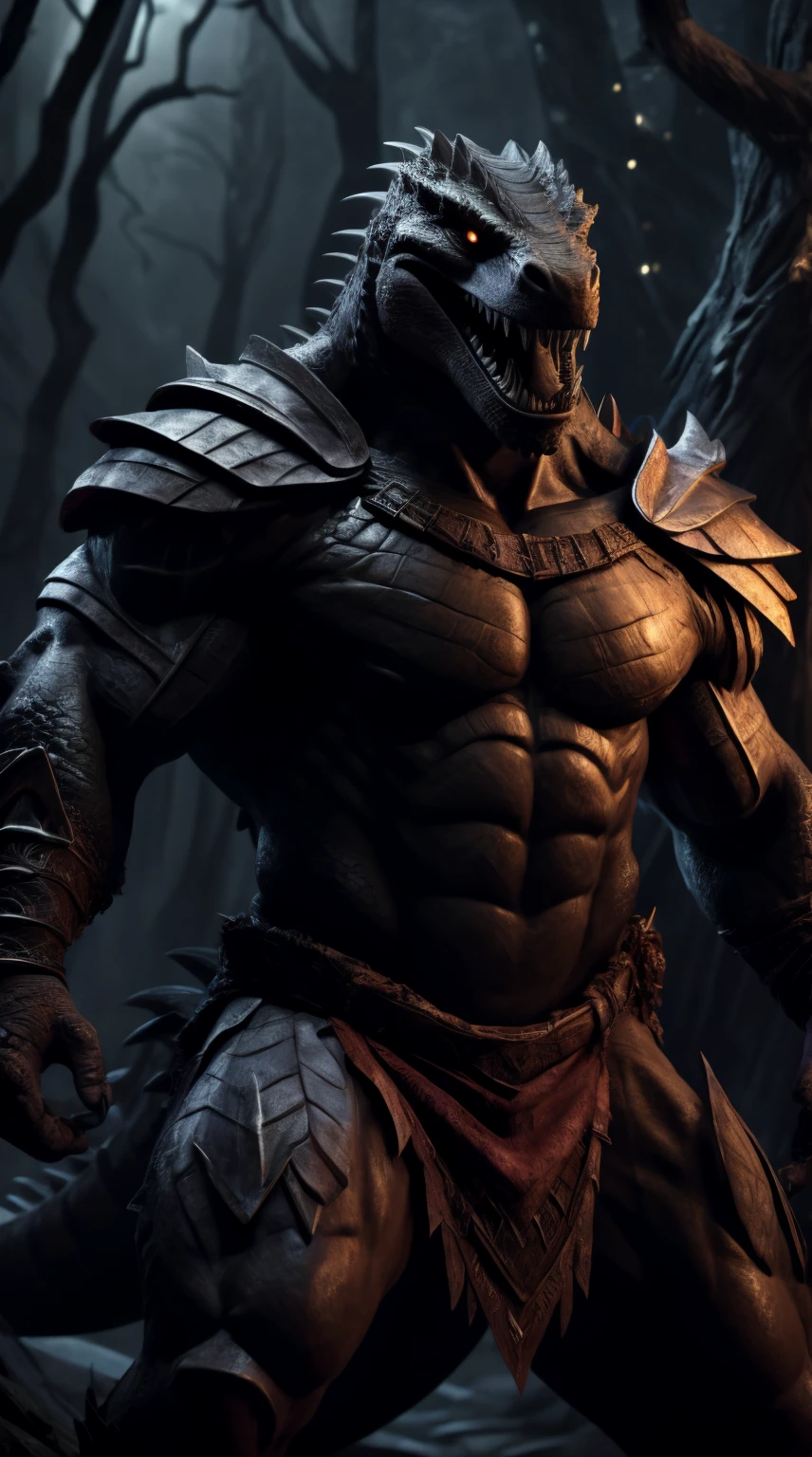 lizard man, ready to fight, barbarian armor, loincloth, black body, open mouth, dark forest background, threatening, stands menacingly, full body, raptor like legs, proporcional muscular arms, big reptile tail muscular, illustration, (best quality, 4k, highres, masterpiece:1.2), ultra-detailed, realistic, horror, sharp focus, vivid colors, nighttime lighting