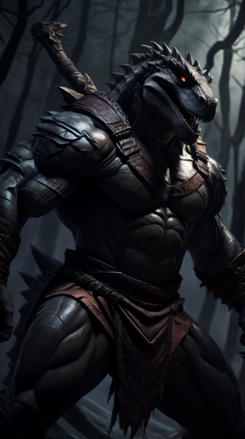 lizard man, ready to fight, barbarian armor, loincloth, black body, open mouth, dark forest background, threatening, stands menacingly, full body, raptor like legs, proporcional muscular arms, big reptile tail muscular, illustration, (best quality, 4k, highres, masterpiece:1.2), ultra-detailed, realistic, horror, sharp focus, vivid colors, nighttime lighting