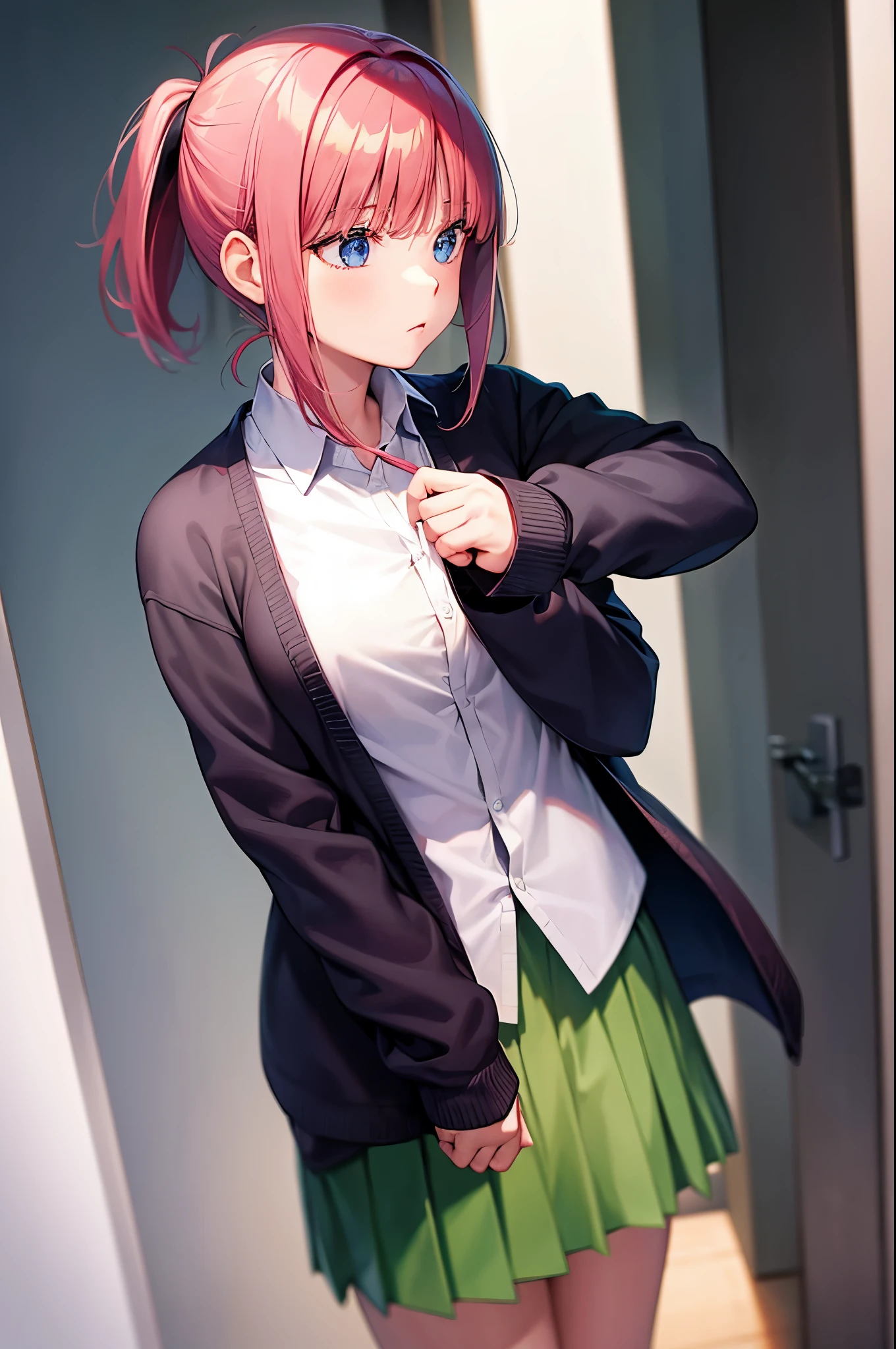 nino nakano, short hair, bangs, blue eyes, pink hair, blunt bangs, ponytail,
skirt, shirt, long sleeves, white shirt, pleated skirt, open clothes, collared shirt, sleeves past wrists, dress shirt, cardigan, green skirt, open cardigan, black cardigan,
