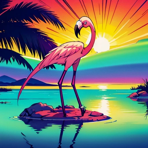 "Create a vibrant synthwave-inspired artwork featuring a majestic flamingo gracefully standing in a serene wetland environment. The scene is illuminated by a large, radiant sun setting on the horizon, casting a spectrum of neon hues across the sky and reflecting in the calm waters. Embrace the retro-futuristic aesthetics of synthwave, infusing the composition with bold, electric colors and dynamic lines that capture the essence of both nature and the nostalgic, energetic vibe of the genre."