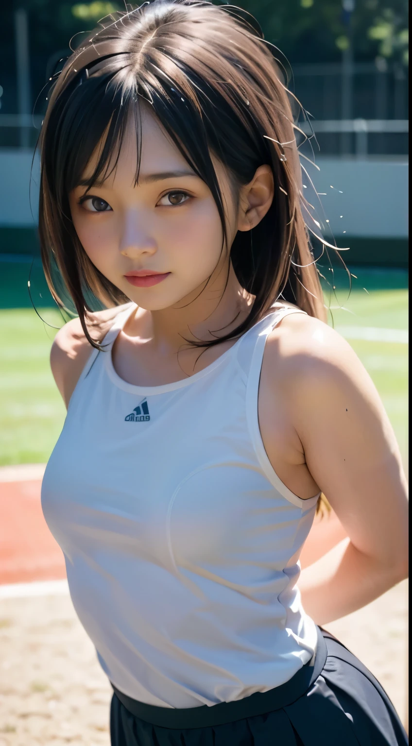 (masutepiece, Best Quality:1.2), violaceaess, rosaceaess, Delicate girl, Beautiful face, 8K, Official art, Raw photo, unbelievable Ridiculous, 85mm Portrait, Upper body, (Close up face:0.8), (tight outfit:1.6), (White tennis clothes:1.5), stylish pose, small head, Large breasts, Cinch West, Looking at Viewer, Mini skirt, (arms behind back, empty-handed:1.4), arching back down, Thin arms, thin waist, No makeup, Sophisticated, face lights, clear lighting, Film grain, chromatic abberation, Sharp Focus, Shiny skin, Smile, Tennis Field, (bokeh Background:1.2),  Background