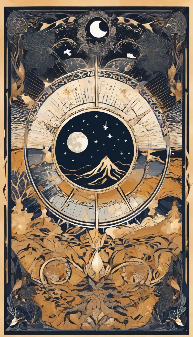 Illustration like a tarot card,Drawing of the moon and sun with stars in the sky, astral patterns, astrology,Yin Yang, Theme of stars and moon, Stars and Moon in the Sky, Dry branches