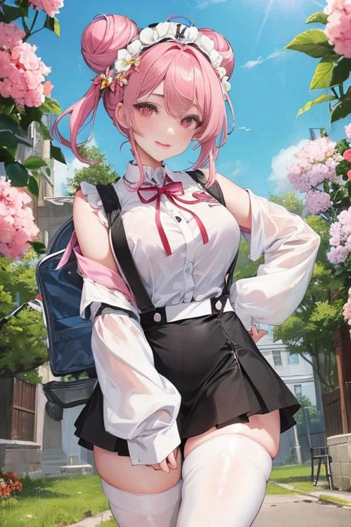 tmasterpiece、Need、1 female student、White cloth bun bun bun、Shoulder leakage、The chest is large、chubbiness、ssmile、Black suspender tights、lace leggings、pale pink lip、posing at school，legs are open， 独奏,Denim dress looking at the viewer,  (Thigh thick:1.0),Yazawa Nico,red eyes, face flushed,Blunt hair,both hands on hip，greet，Flower headdress，Large scissors
