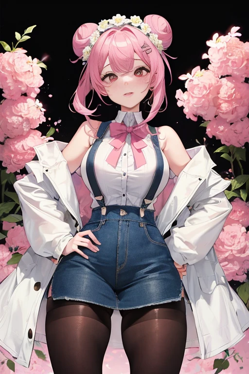 tmasterpiece、Need、1 female student、White cloth bun bun bun、Shoulder leakage、The chest is large、chubbiness、ssmile、Black suspender tights、lace leggings、pale pink lip、posing at school,legs are open, 独奏,Denim dress looking at the viewer, (Thigh thick:1.0),Yazawa Nico,red eyes, face flushed,Blunt hair,both hands on hip,greet,Flower headdress,Large scissors