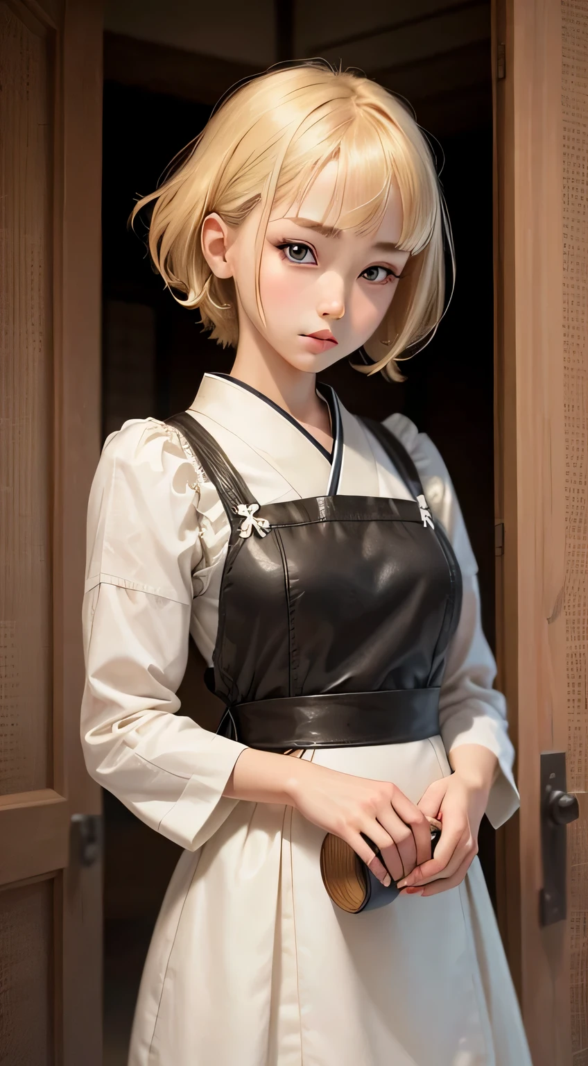 High Quality Cute Japanese Girl 20 Years Old Blonde Reality Gal Maid Fine Eyes Detailed Face　make it look like a picture　short-hair　boyish